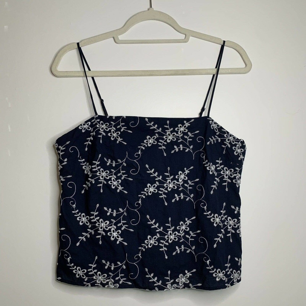 Jun & Ivy Navy Blue,White Embroidered Floral crop top Spaghetti Strap size L NWT